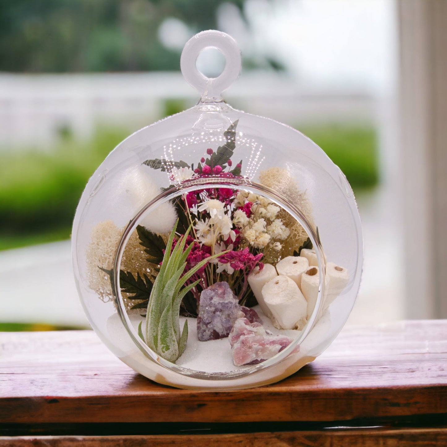 Glass bubble airplant terrarium with pink tourmaline crystals