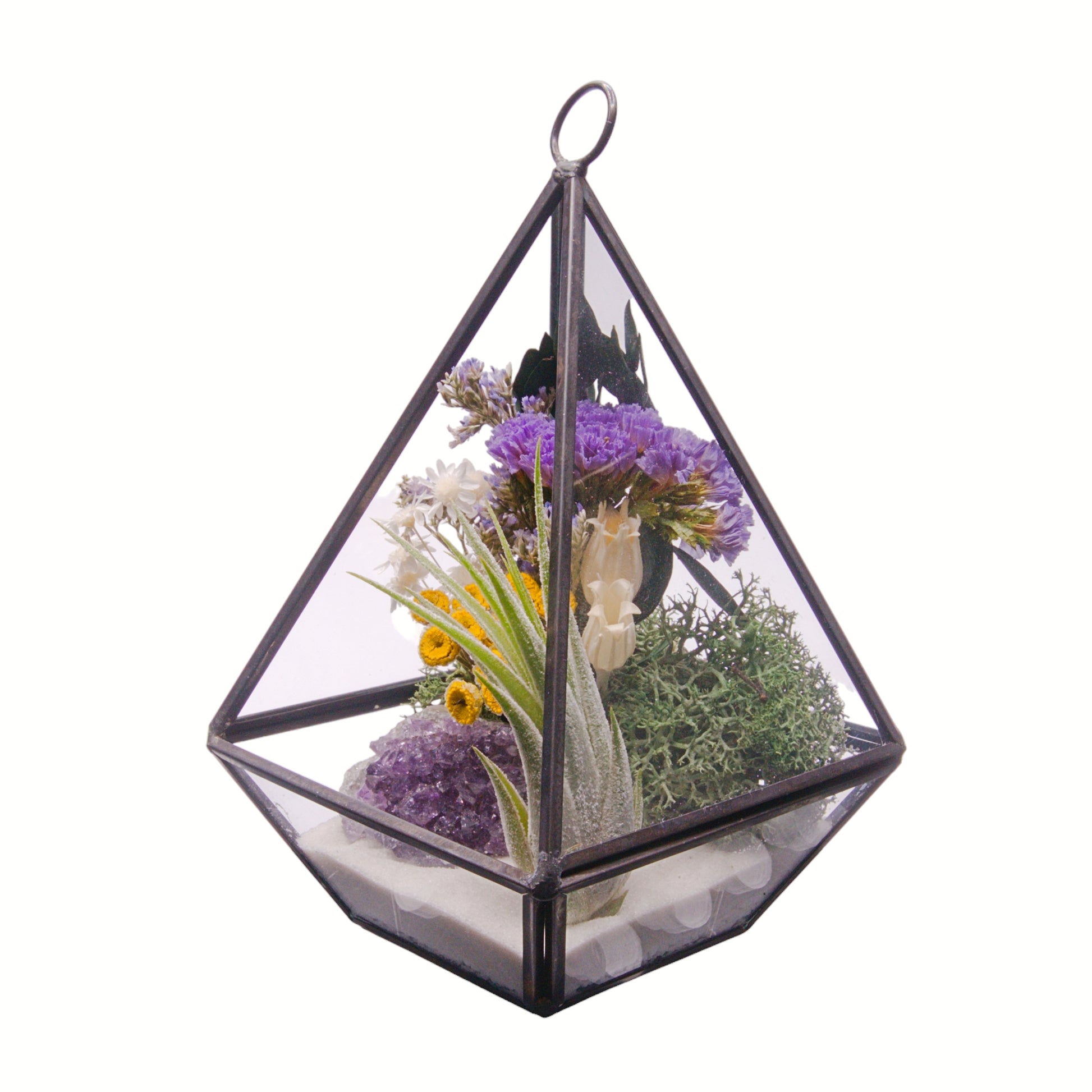 Black Victorian geometric terrarium with dried flowers, airplant and amethyst crystal