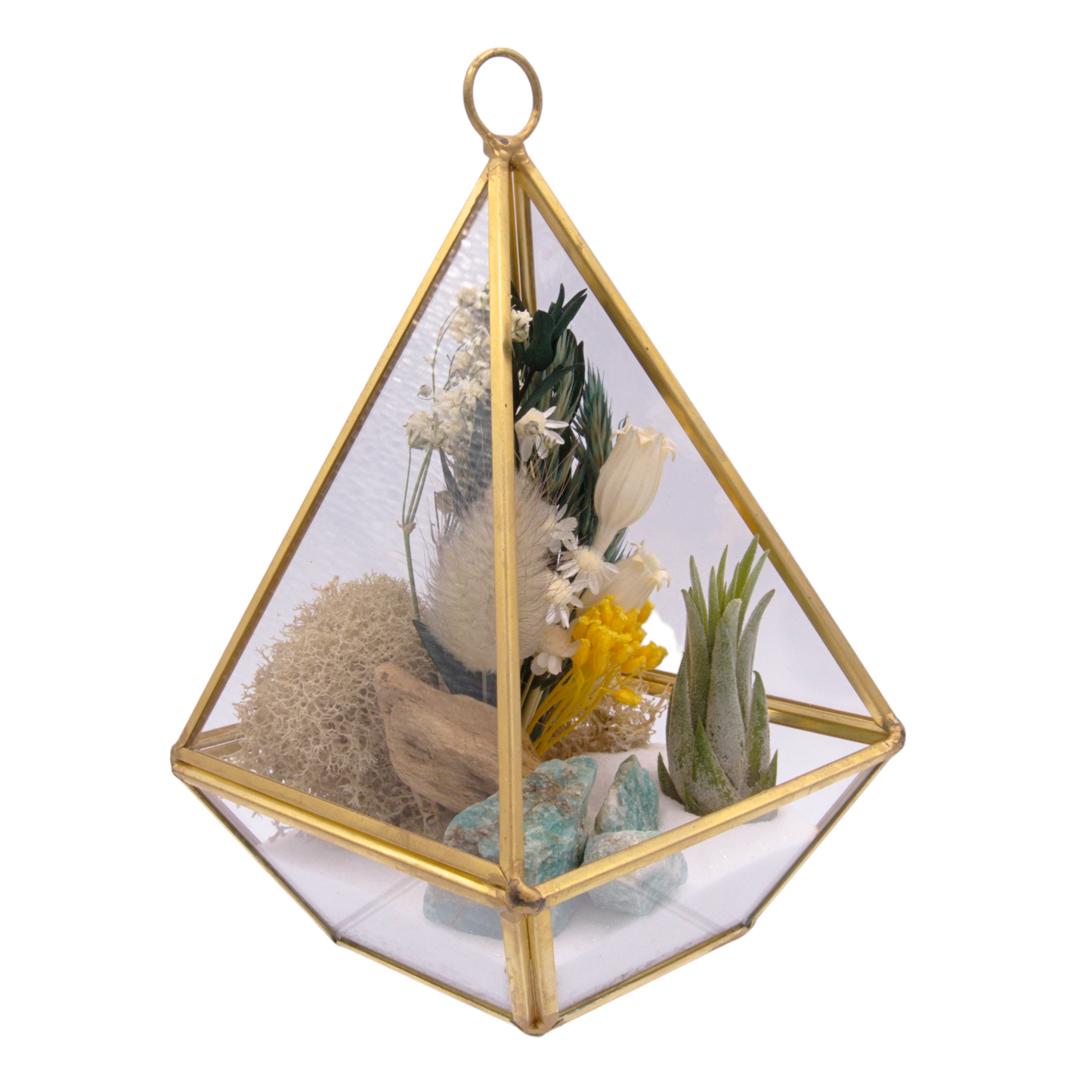 Victorian gold airplant terrarium with sand, dried flowers, moss, wood and amazonite crystals